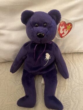 Ty Purple Rose Plush Bear with White Embroidered Rose